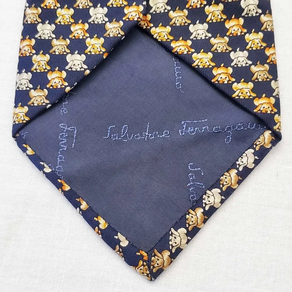 Salvatore Ferragamo Mens Puppy Dogs Puppies Navy 100% Silk Neck Tie Made Italy